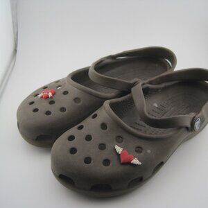 Crocs Classic Clogs Brown Color, Women's Size 7 with Mom Ribbon Heart & Wings